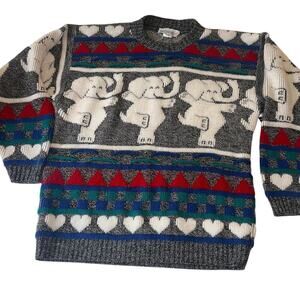 Vintage Elephant Sweater USA Made Novelty Knit Gray Colorful 90s Oversized Cozy